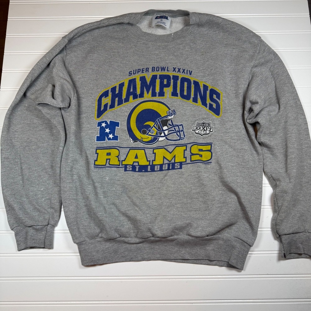 Vintage St Louis Rams Super Bowl XXXIV Champions Sweatshirt Mens Medium Gray CSA - Picture 1 of 7